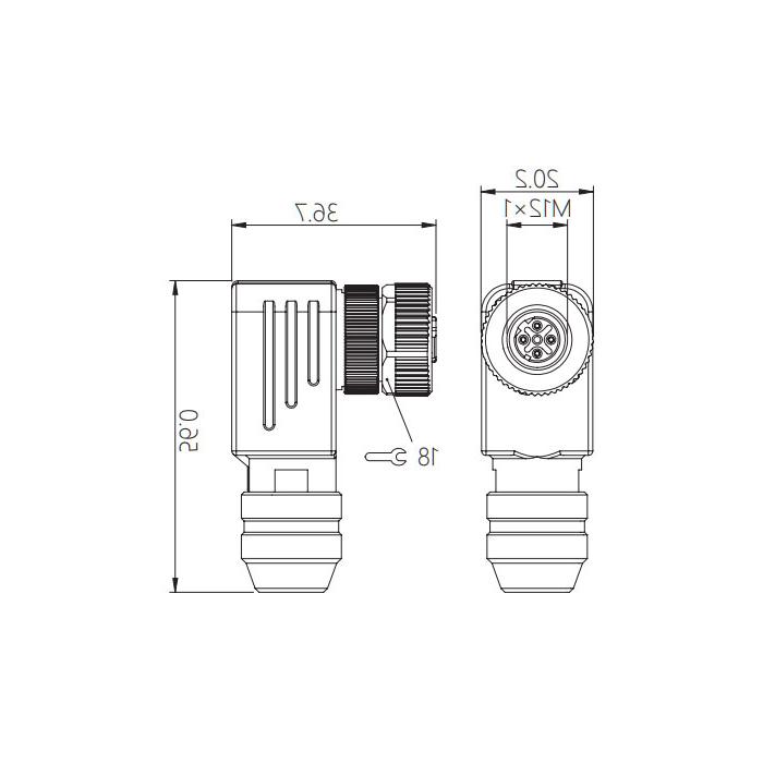 M12 5Pin, female 90°, screw connection, metal shield, 64F561 