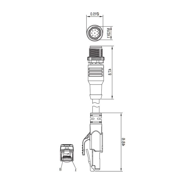 M12 8Pin male straight RJ45 Male straight, double-ended precast PVC non-flexible cable, with shielding, tea green sheath, Ethernet Cat5e, 0C4463-XXX