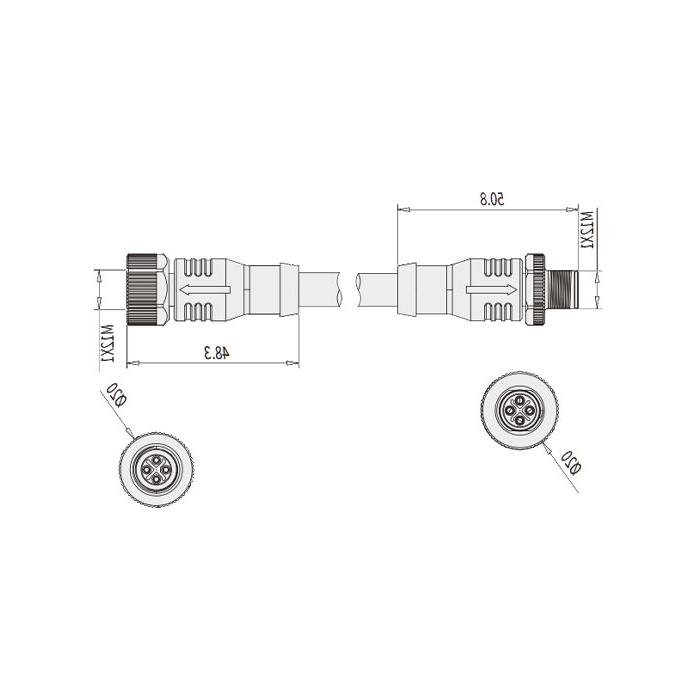 M12 4Pin S-coded, female straight to male straight, double end pre-cast PVC non-flexible cable, grey sheath, 64SD01-XXX