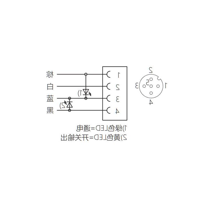 M12 4Pin, female straight, with LED light, single end pre-cast cable, anti-slagPUR材质、黄色护套、64T313-XXX