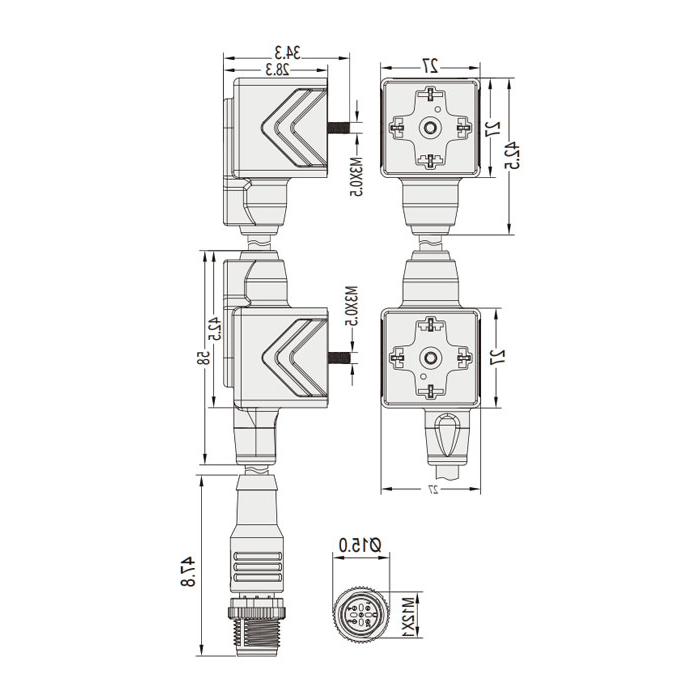 Valve plug type A, DIN, 18mm, 4Pin/M12 straight male, double end pre-cast PVC non-flexible cable, grey sheathing, 6VA083-L1/L2